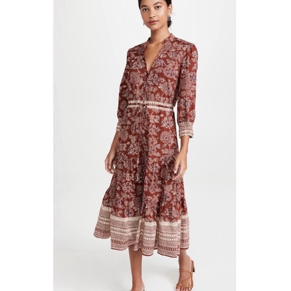 New Veronica Beard Swedie Red rust Floral Cotton Border Print Midi Dress paisley - Picture 2 of 15